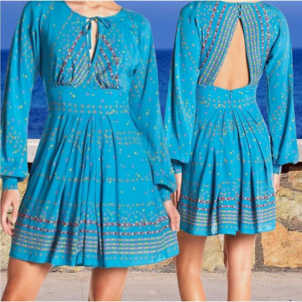Free People Coryn Mini Dress Women’s Size 10 Blue Open Back Long Sleeve Boho NEW